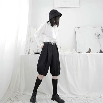[MEM] Talie Mare Negru Plisată Largi Picior Genunchi Lungime Pantaloni Noi Vrac se Potrivi Pantaloni Femei Mareea Moda Primavara-Vara 2021 1W297