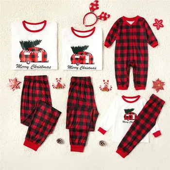 Familia Costum De Potrivire Haine 2020 Crăciun Pijama Set De Tata, Mama, Copil Maneca Lunga Print Top Roșu Grila De Pantaloni De Trening, Pijamale