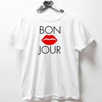 Tricouri Femei 2018 Topuri Tricou din Bumbac Tricou Bonjour Semn de Salut Paris Tricouri, Plus Dimensiunii Vară Grafic Tricouri Femei Xs-3xl Alb