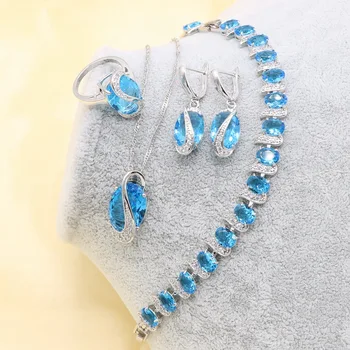 Xutaayi Blue Zircon Argint 925 Seturi De Bijuterii Femei Cu Cercei Bratara Colier Pandantiv Inel Cadou