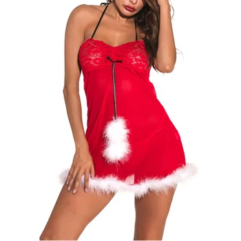 2020 Femei Sexy Santa Dress Set de Lenjerie Faux Blana Crăciun Cosplay Pijamale Costum Babydolls Sutien + Curea G-String Set