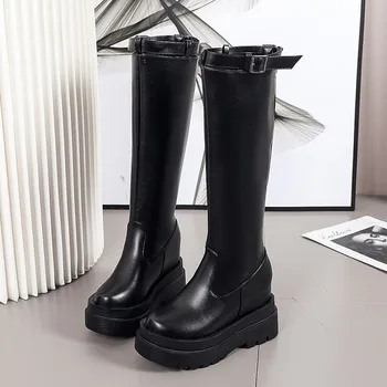 Noul Design de Pantofi de Iarna din Piele de Moda cu Toc Botas Europene Negru Încălțăminte Rotund Toe Cizme Lungi Zip Catarama Genunchi-mare