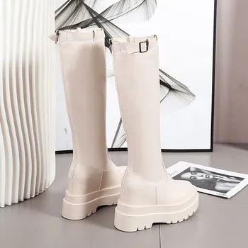 Noul Design de Pantofi de Iarna din Piele de Moda cu Toc Botas Europene Negru Încălțăminte Rotund Toe Cizme Lungi Zip Catarama Genunchi-mare
