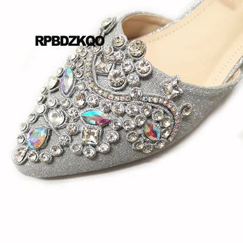 Mare dimensiune glezna curea sandale femei subliniat toe 33 sclipici de argint gros de partid diamant tocuri joase cristal pantofi de mireasa stras