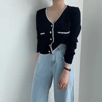 Coreea Moda Vintage Negru Whte Patchwok V Gât Maneca Lunga Pulover Tricotate Tricotaje 2020 Noi De Toamna Pentru Femei Dulce Cardigan Scurt