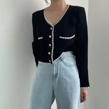 Coreea Moda Vintage Negru Whte Patchwok V Gât Maneca Lunga Pulover Tricotate Tricotaje 2020 Noi De Toamna Pentru Femei Dulce Cardigan Scurt