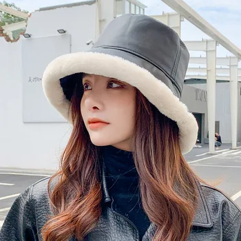 Din Piele Neagră Găleată Pălărie Pentru Femei De Iarnă 2020 Toamna Faux Blana Blană Bob Chapeau Femme Moda Coreeană Pescuit Șapcă De Pescar Pălării