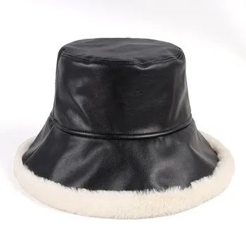 Din Piele Neagră Găleată Pălărie Pentru Femei De Iarnă 2020 Toamna Faux Blana Blană Bob Chapeau Femme Moda Coreeană Pescuit Șapcă De Pescar Pălării