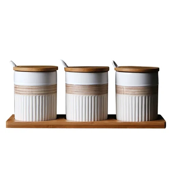 Bucatarie Ceramica Sare Piper Zahăr Depozitare Borcane pentru Condimente Spice Depozitare Sticle cu Capac de Bambus Tava 3 BUC Set