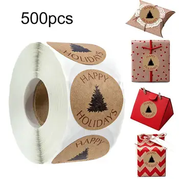 500pcs / rola pom de Crăciun fericit, sărbători anul nou autocolant rotund naturale hârtie kraft cutie-cadou de familie decorare autocolant, eticheta