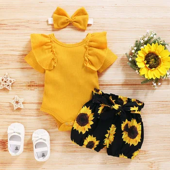 2020 de Vara pentru Copii Îmbrăcăminte Copil Nou-născut Fată Florale Haine Short Sleeve Romper Salopeta+Floarea-soarelui Tutu pantaloni Scurți 3Pcs Set Haine