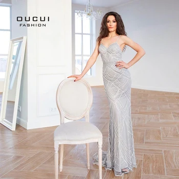 Oucui Dubai Lux fără Mâneci Sirenă Rochii de Seara Sexy Diamond ștrasuri din Mărgele Gri Femeile Rochii Lungi Partid Rochie de Bal OL103369