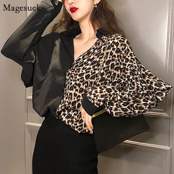 Noi Sosiri Volane Maneca Lunga Bluza Vintage Femei Leopard Sexy Top Femei Culoare Patckwork Negru Cardigan Tricouri Femei 12050