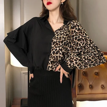 Noi Sosiri Volane Maneca Lunga Bluza Vintage Femei Leopard Sexy Top Femei Culoare Patckwork Negru Cardigan Tricouri Femei 12050