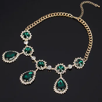 YFJEWE de Epocă de lux Royal Green Aur Stras Femei Coliere Pandantiv Cristal picătură bijuterie colier de cristal #N027