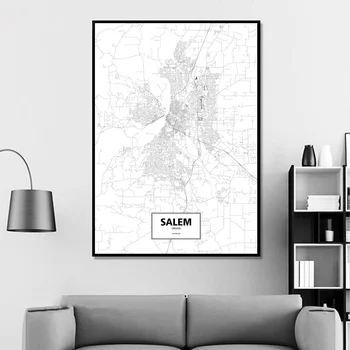 Salem, Oregon, Statele Unite Ale Americii Negru Alb Personalizat Lume Hartă A Orașului Poster Canvas Print Stil Nordic Arta De Perete Decor Acasă