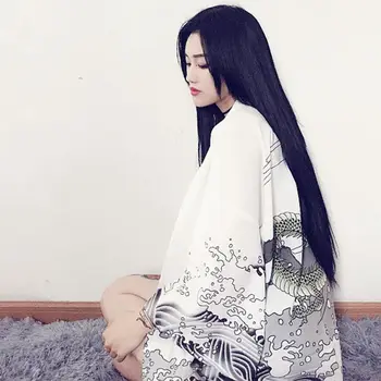 2019 Epocă Femeile Japoneze Cardigan Vara Dragon Valuri Imprimate Șifon Protecție Solară Kimono Japonez Cămașă Îmbrăcăminte Exterioară