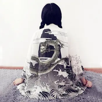 2019 Epocă Femeile Japoneze Cardigan Vara Dragon Valuri Imprimate Șifon Protecție Solară Kimono Japonez Cămașă Îmbrăcăminte Exterioară