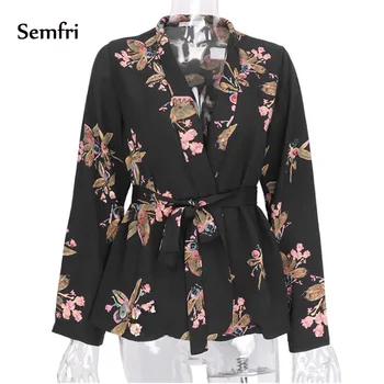 Semfri Kimono pentru Femei Tricou 2020 Primavara-Vara Negru Top Florale Imprimate Cu Centura de sex Feminin Sexy V Gât Topuri si Bluze