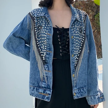 Chaquetas Mujer 2020 Toamna Jachete din Denim pentru Femei Mâna-nituri Rivet Lanț Tassel Streetwear Scurt Sacou Blugi Negri Largi Straturi