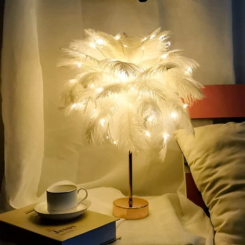 DIY Creative Pene Lampă de Masă Lumină Albă Caldă Copac Pene Abajur Fata LED-uri Decorative Nunta de Ziua Noptiera de Lectură