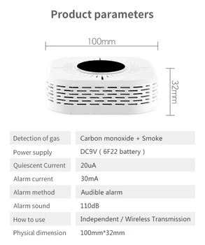 360° Detector de Fum & Monoxid de Carbon, Senzori de 2 in 1 Detector de Fum Detector de Alarmă de Incendiu de Transmisie Wireless de Rețea cu Alarmă