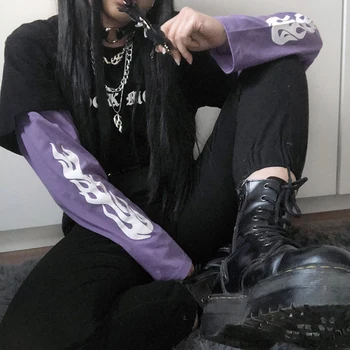 Gotic Fals 2 Bucati Flacără Imprimare Tricou Femei 2020 Toamna Harajuku Punk 0-Neck Maneca Lunga, Hanorace Tricou Pulover De Sus
