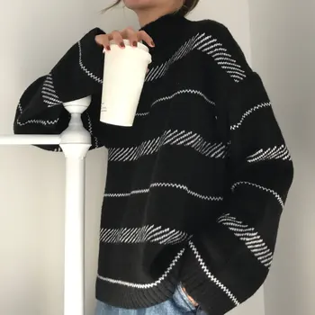 Haine De Iarna Femei Pulover Plus Dimensiune Guler Cu Dungi Tricotate Femei Pulovere Coreean De Top De Mare De Moda Harajuku Pulovere