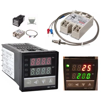 Digital 220V PID REX-C100 Controler de Temperatura + max.40A SSR + K Termocuplu, Controler PID Set + radiator