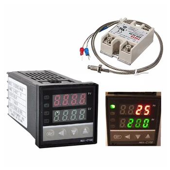 Digital 220V PID REX-C100 Controler de Temperatura + max.40A SSR + K Termocuplu, Controler PID Set + radiator