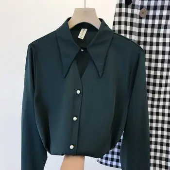 2020 Primăvară Stil coreean cu Maneci Lungi Rever Mătase, Șifon Tricou Femei Temperament Margele Bluza Tricouri Doamne de Birou Topuri Blusa