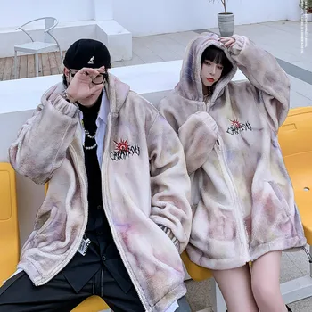 Mens Hip Hop Pisici Harajuku Printed Fleece Jachete Paltoane Păros Fermoar Supradimensionat Hanorace Outerwears Cald Gros Streetwear Parka