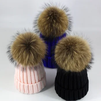 Părinte-copil Pălărie de Iarnă pentru Femei Tricotate Beanie Hat Real Blană de Raton Pălăria pentru Femei Copii Cald Compact Gros Elastic Pălării