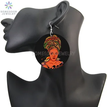 SOMESOOR Super Naturala a Parului Afro Lemn Picătură Cercei Negru Cursa Istoria Femeie Headwrap Modele Imprimate Bijuterii Cadouri Pentru Femei