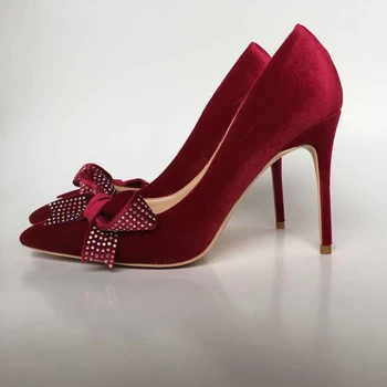 2020 Nou vin roșu de catifea OL sălbatice Doamnelor singure pompe Elegant diamant Fluture nod slip-on ponited toe pantofi de nunta