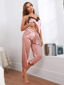 Femeii Dantela Tirm Sleepwear Set de Pijama Satin Elegant, cămașă de noapte Sexy Caimisole & Pant Moale cămășuță de Noapte