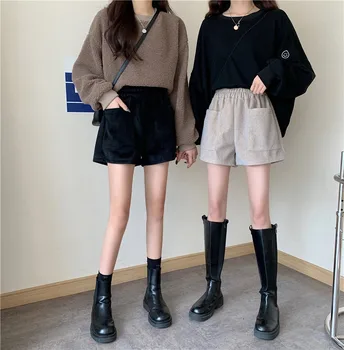 Toamna Nouă Epocă De Libertate Talie Mare Negru De Lână Largi Picior Pantaloni Scurți Femei Casual Coreean Chic De Moda Sălbatic De Iarnă Pantaloni Scurți Cald
