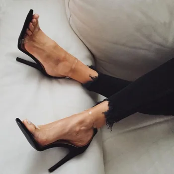 Clasic de Brand Designer de Femeie Negru Nud Transparent de Sticlă transparentă din PVC Peep Toe Tocuri cui cu Toc Înalt Sandale Plus Pantofi 43