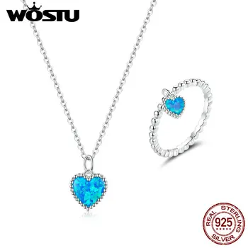 Wostu Veritabil 925 Sterling Silver Deep Blue Inima Translucid opal inel și Coliere Seturi de Bijuterii pentru Femei SCN413