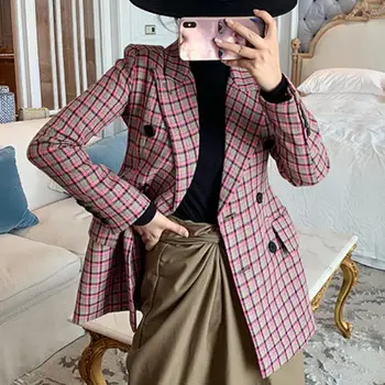 Primavara toamna noua moda crestate guler mâneci complete carouri sacou femei dublu breasted design slim jacket
