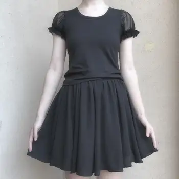 Harajuku Lolita Slim Fit Femei tricou Negru Vara Gotic Ochiuri Maneca Scurta Dulciuri de sex Feminin Topuri Fete Kawaii Bottom Tricou