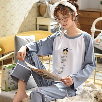 Toamna Noua Sleepsuits Femei Pijama Set Fata Dulce Desene animate Lungime Cămăși de noapte Pantaloni de Pijama Seturi de Pijamale Pijamale Moda