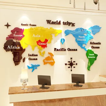 În 2020, noua arta de decorare perete harta lumii oglinda acrilica culoare de perete autocolant 3d harta mare birou living decor acasă poster hartă