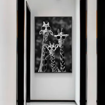 Girafe cu ochelari de Soare Amuzant Art Postere Si Printuri Alb-Negru Animale Panza Picturi pe Perete Imagini de Artă Cuadros