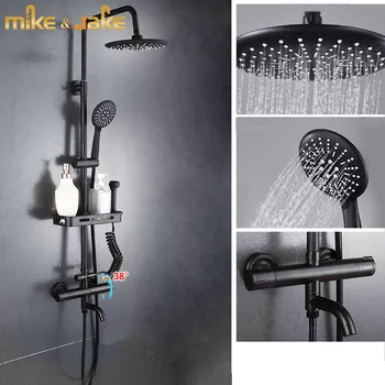 Negru mat cu termostat set de duș baie negru robinet de perete baie duș mixer duș precipitații mixer de baie negru, set de duș