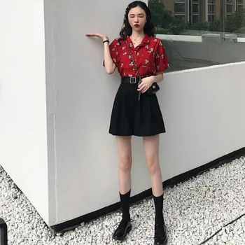 Tricouri Femei Retro Sifon Moda coreea Style All-meci Chic petrecere a timpului Liber pentru Femei Haine Largi Student Maneca Scurta Vara Tipărite