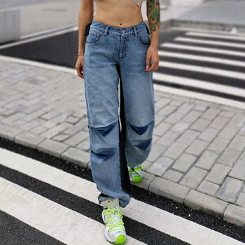 SeeBeautiful Noua Moda 2020 Toamna Iarna Contrastul de Culoare Dantelă-up Buzunare Cutat Liber Blugi Largi Picior Pantaloni din Denim Femei Q148