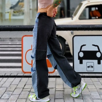 SeeBeautiful Noua Moda 2020 Toamna Iarna Contrastul de Culoare Dantelă-up Buzunare Cutat Liber Blugi Largi Picior Pantaloni din Denim Femei Q148