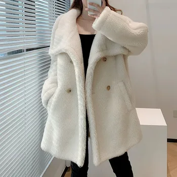 Femei Jacheta de Iarna Alb Lung Stil 2020 Noua Moda Casual Real Lână de Oaie Palton din Blană de Miel Supradimensionate Guler de Turn-Down FN0095