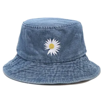 Unisex Brodat Denim Top Plat Găleată Pălărie De Vară Hip Hop Albastru Palarie De Soare Moda Pălărie Pescar Femei